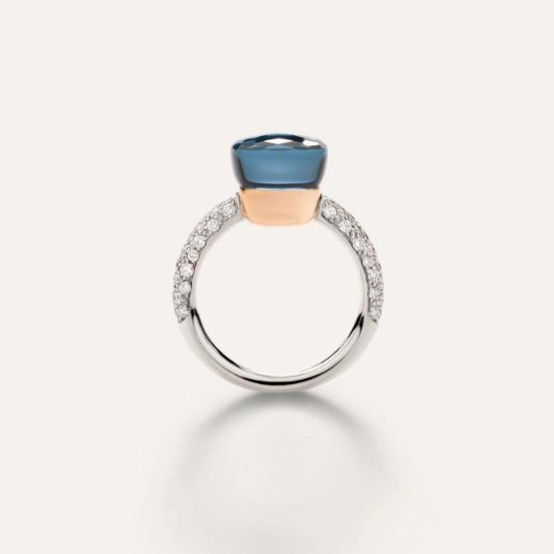 Pomellato Jewelry - Nudo 18K White Gold Blue London Topaz with Diamond Pavé Ring | Manfredi Jewels