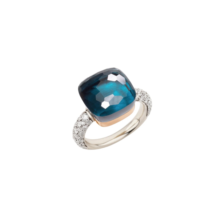 Pomellato Jewelry - Nudo 18K White Gold Sky London Topaz with Diamond Pavé Maxi Ring | Manfredi Jewels