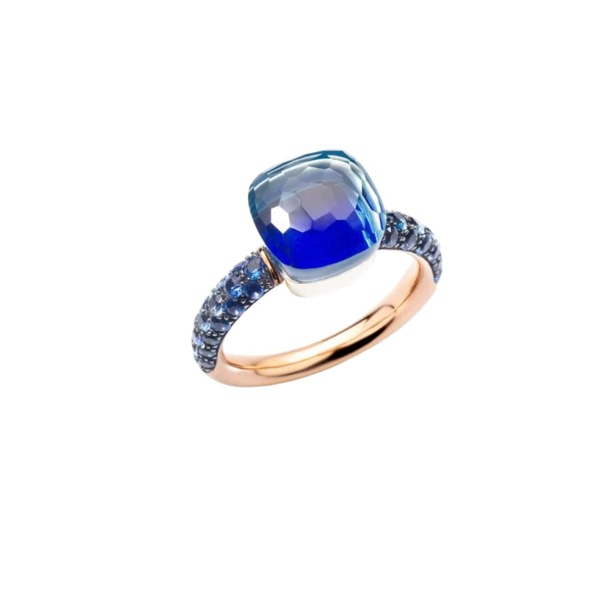 Pomellato Jewelry - Nudo 18k Rose Gold London Blue Topaz with Lapis Lazuli and Sapphire Pavé Classic Ring | Manfredi Jewels