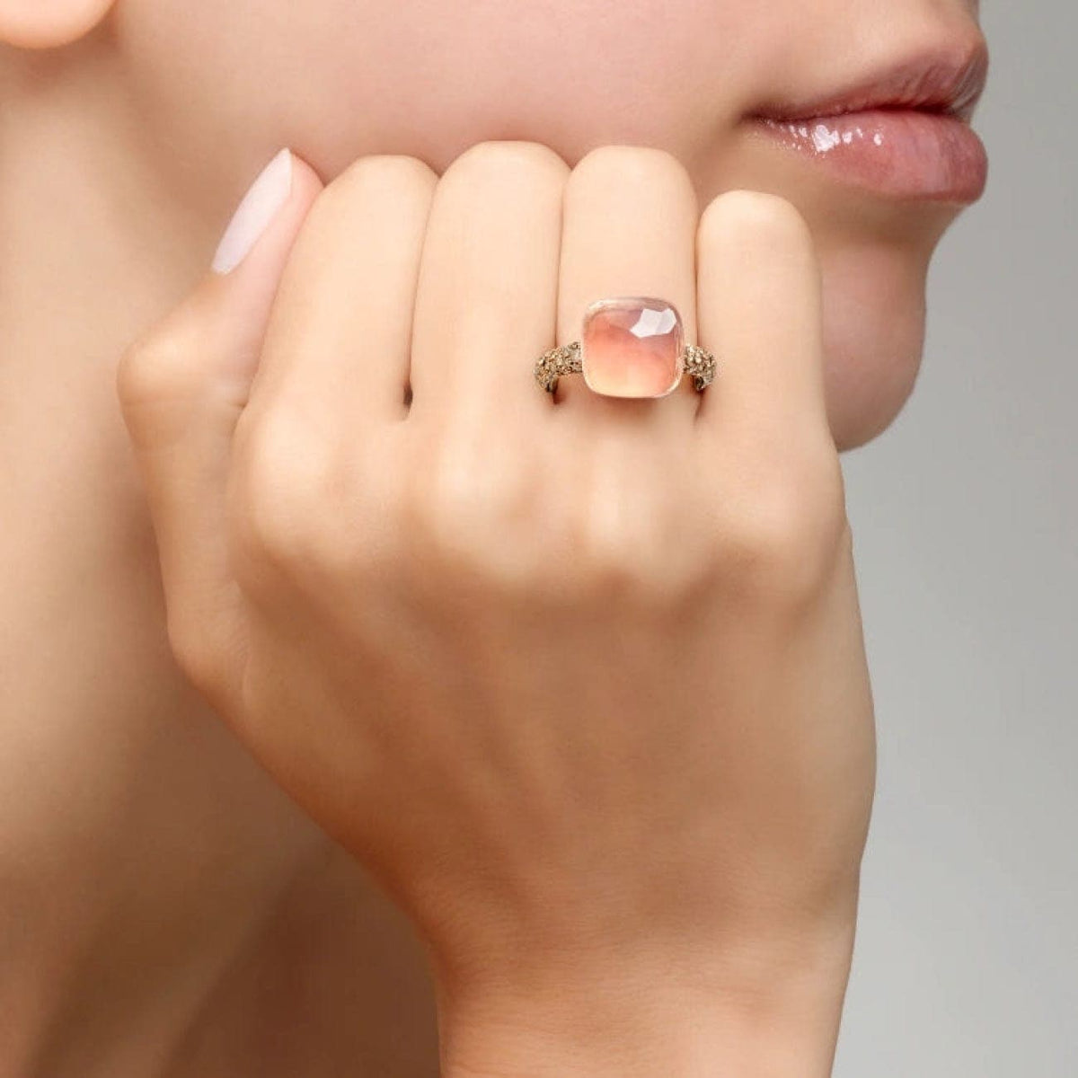 Pomellato Jewelry - Nudo 18K Rose Gold Rose Quartz with Brown Diamond Pavé Maxi Ring | Manfredi Jewels
