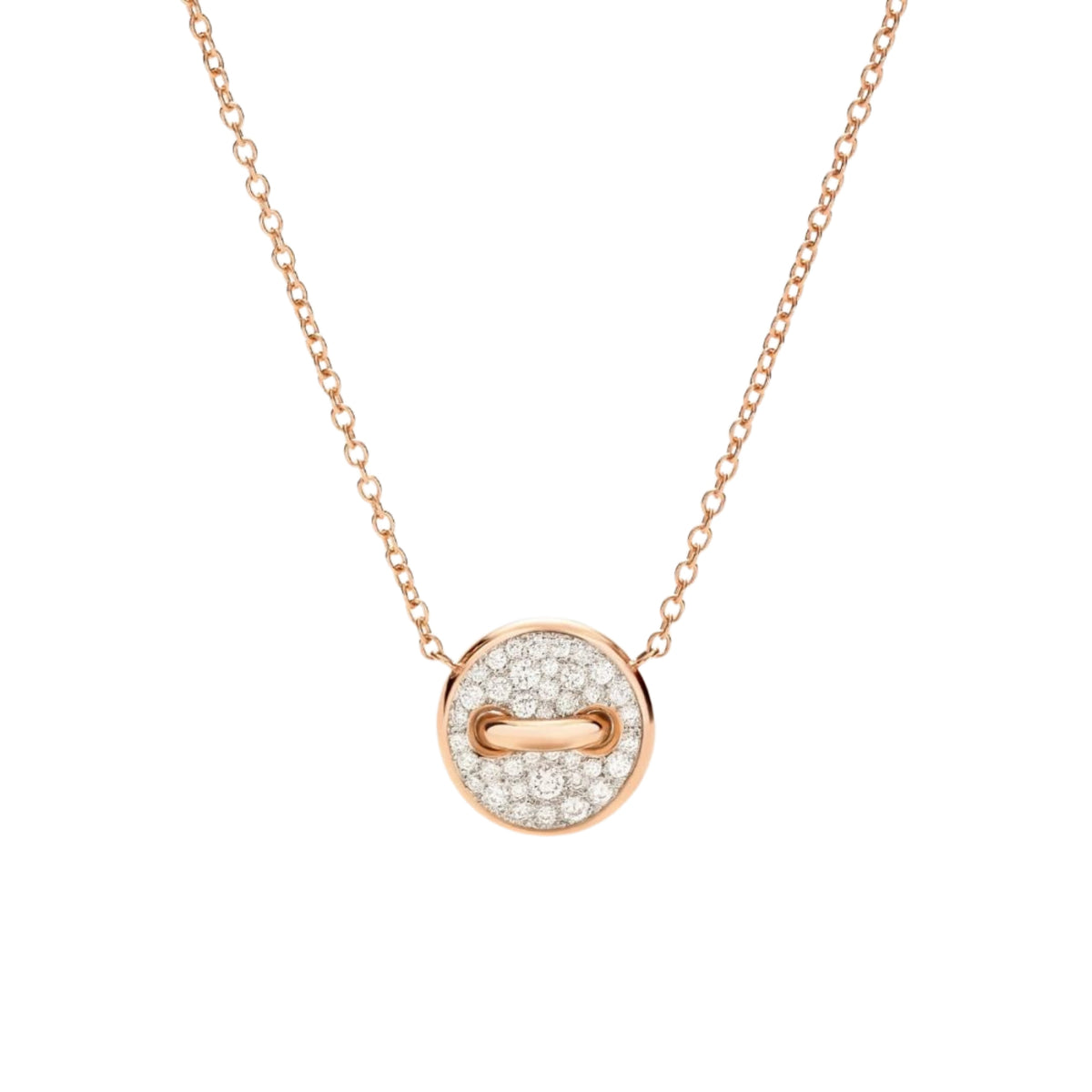 Pomellato Jewelry - Pom Pom Dot 18K Rose Gold Diamond Pavé & White Mother of Pearl Two-Sided Button Pendant Necklace | Manfredi Jewels