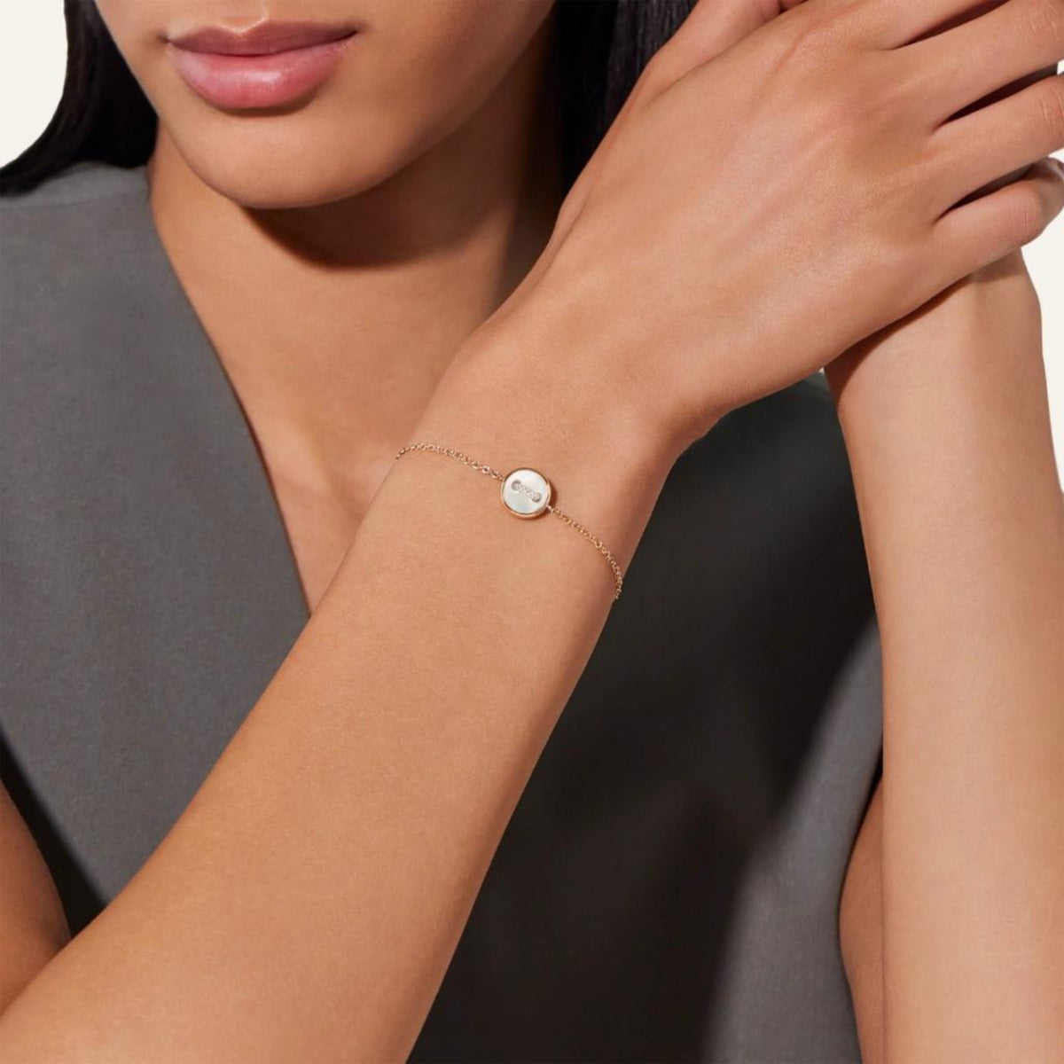 Pomellato Jewelry - Pom Pom Dot 18K Rose Gold White & Grey Mother of Pearl Two-Sided Button Diamond Bracelet | Manfredi Jewels