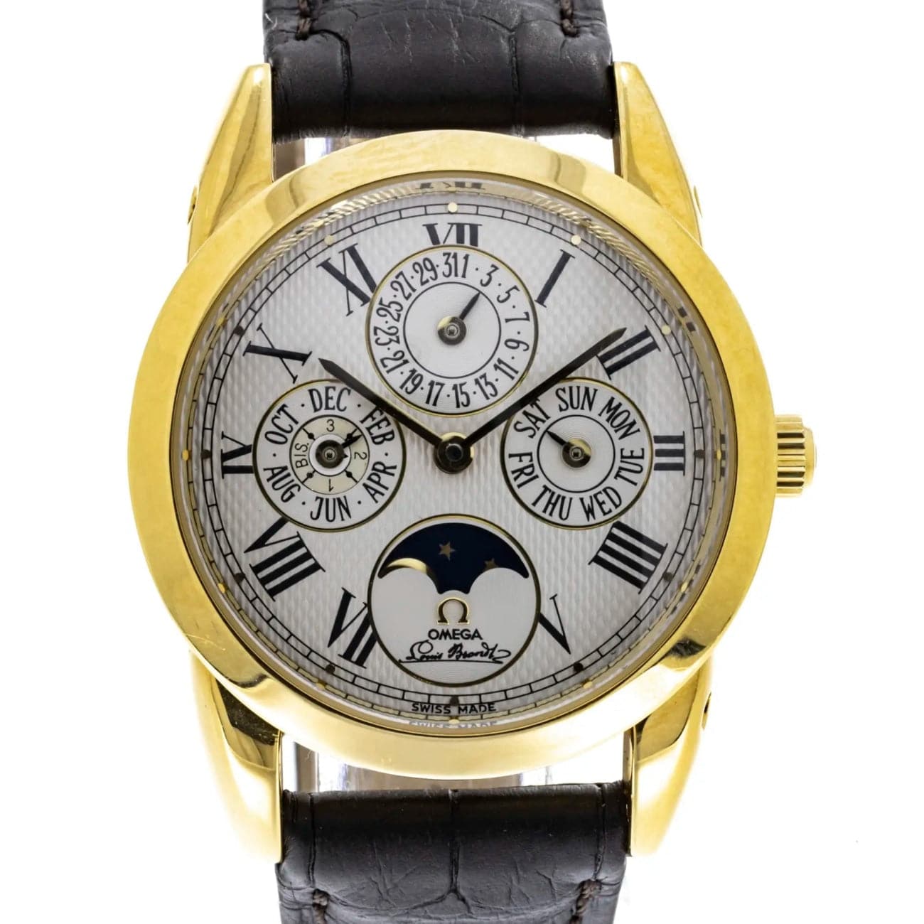 OMEGA LOUIS BRANDT YELLOW GOLD PERPETUAL CALENDAR Omega, Louis Brandt,  Quantième Perpétuel, Ref. 1750300, Made in 1991. Fine and rare,  self-winding, water-resistant, 18K yellow gold wristwatch with perpetual  calendar and moon phases