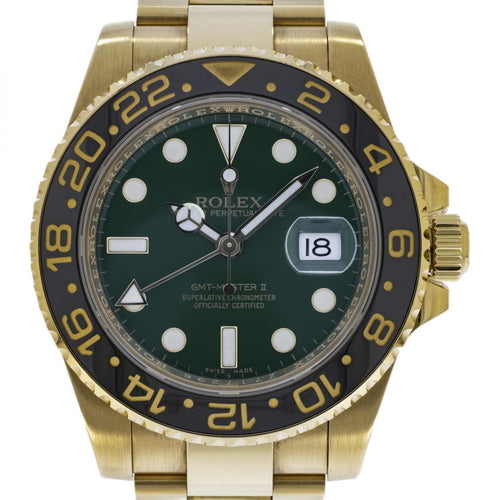 Pre-Owned Rolex Pre-Owned Watches - Gmt Master II Yellow Gold Green Dial 116718 | Manfredi Jewels