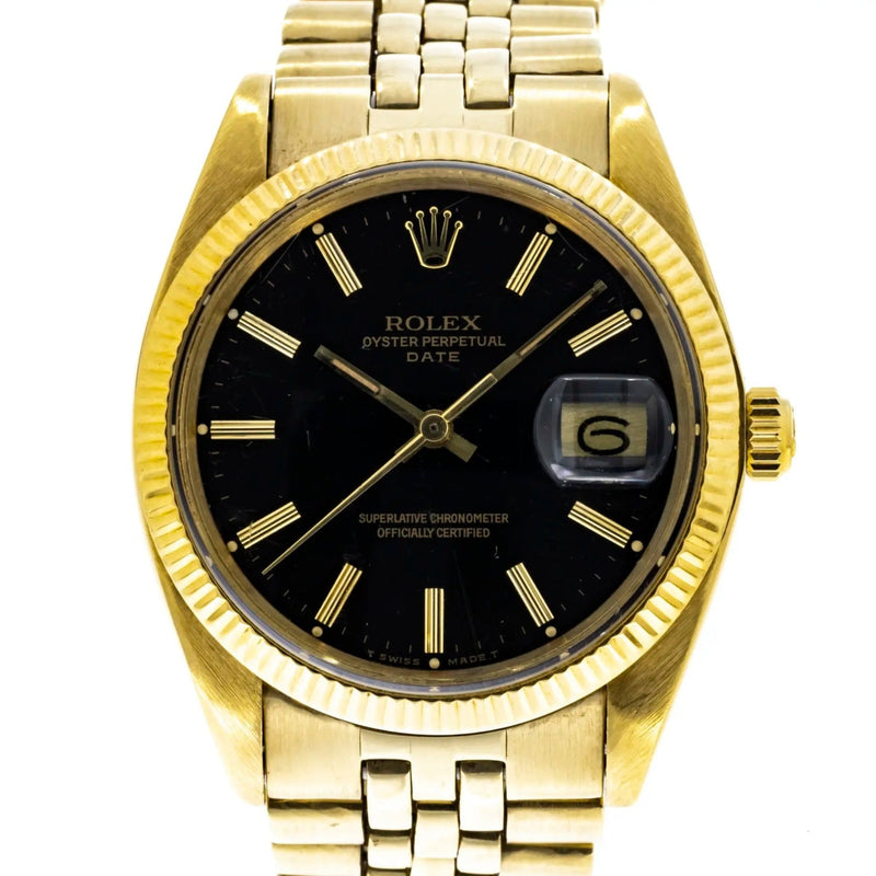 pre owned rolex vintage oyster perpetual date 34mm 14k yellow gold watches manfredi jewels
