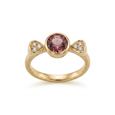 18K Yellow Gold Pink Topaz and Diamond Ring