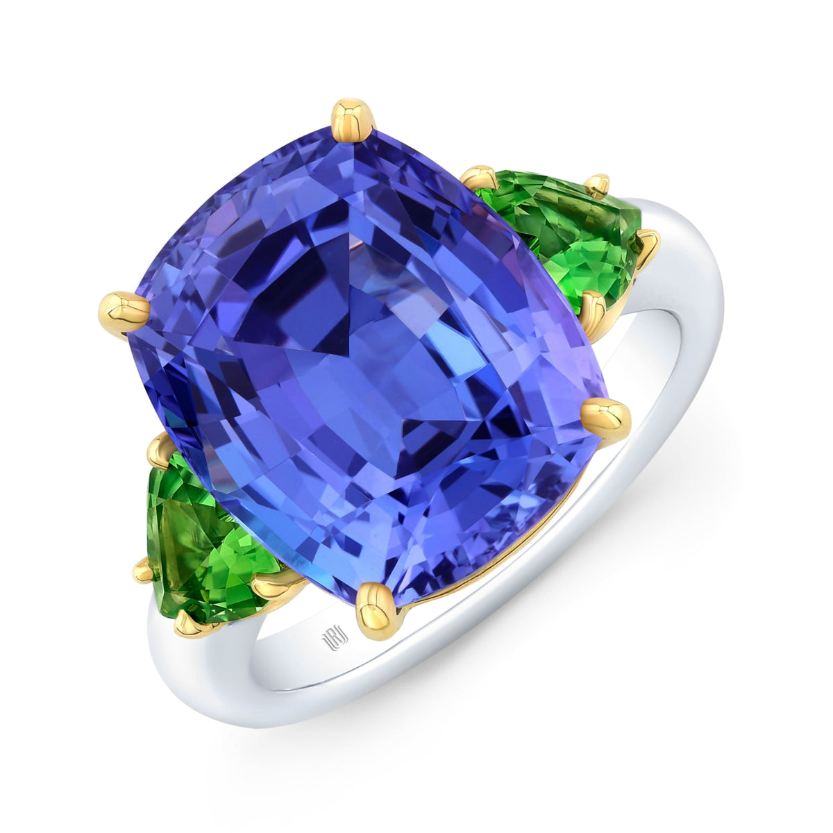 Rahaminov Diamonds Engagement - Cushion Cut 10.95 ct Platinum Tanzanite and Green Tourmaline Heart Ring | Manfredi Jewels