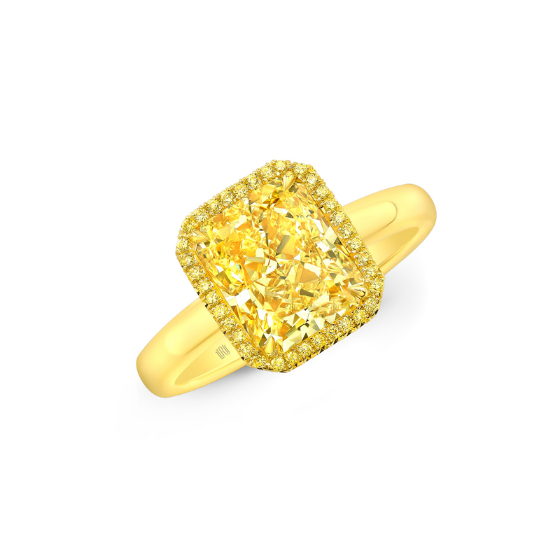 Rahaminov Diamonds Engagement - Radiant Cut 4.02 ct 18K Yellow Gold Halo Fancy Diamond Ring | Manfredi Jewels