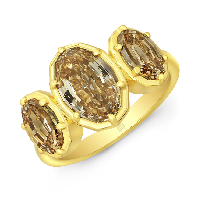 18K Yellow Gold Brown Diamond 3 Stone Oval Ring