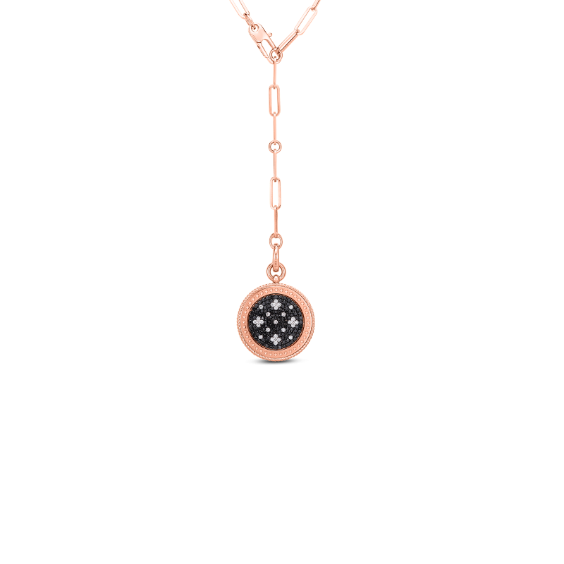 Roberto Coin Jewelry - 18K ROSE VENETIAN PRINCESS BLK & WHT DIAMOND MEDALLION W. EDGE DETAIL ON LINK CHAIN | Manfredi Jewels