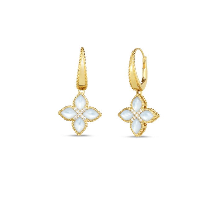 Roberto Coin Jewelry - 18K Yellow Gold Venetian Princess Diamond & Mother of Pearl Medium Flower Drop Earrings | Manfredi Jewels