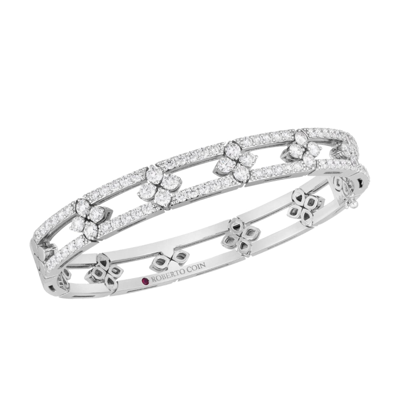 Estate 18KT White Gold Matte Pave Diamond Station Hearts Bangle