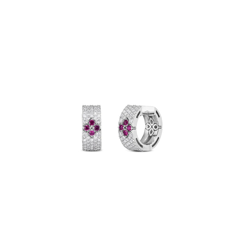 Roberto Coin Jewelry - Love In Verona 18K White Gold Pavé Diamond & Ruby Small Hoop Earrings | Manfredi Jewels
