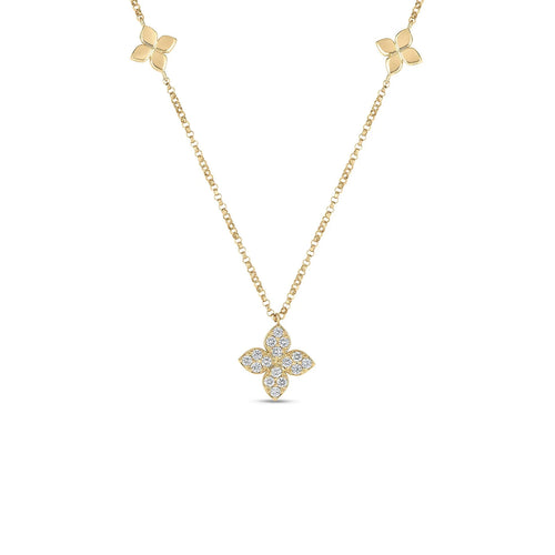 Roberto Coin Jewelry - Love In Verona 18K Yellow Gold Diamond and Polished Flower Station Necklace | Manfredi Jewels