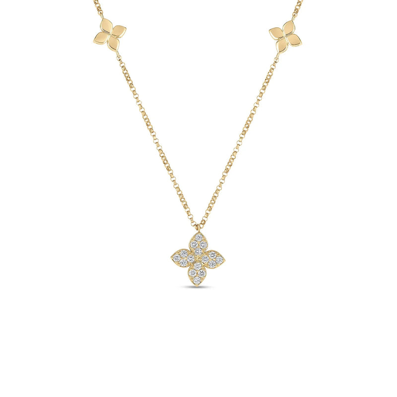 Roberto Coin Jewelry - Love In Verona 18K Yellow Gold Diamond and Polished Flower Station Necklace | Manfredi Jewels