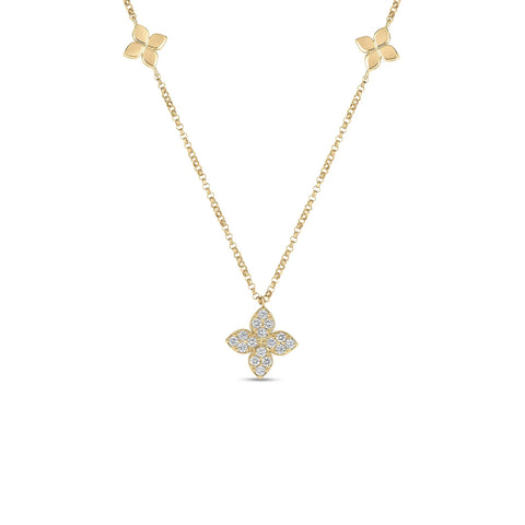 Love In Verona 18K Yellow Gold Diamond and Polished Flower Station Necklace
