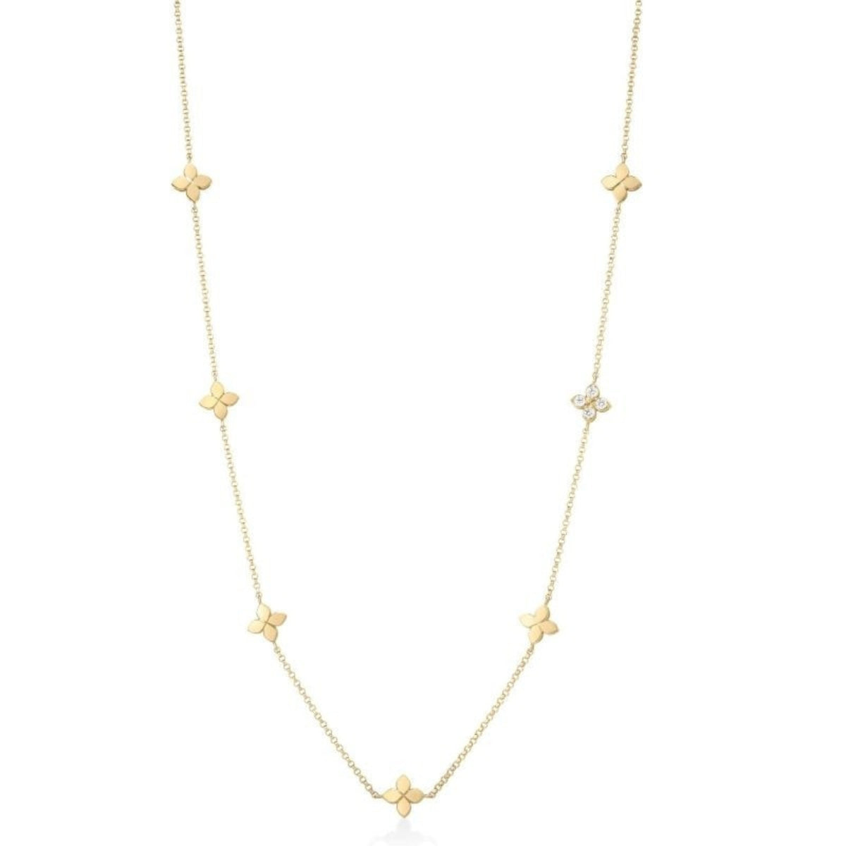 Roberto Coin Jewelry - Love In Verona 18K Yellow Gold Diamond Tiny Flower Station Necklace | Manfredi Jewels