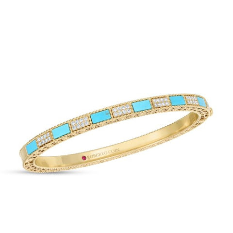Mosaic 18K Yellow Gold Alternating Diamond & Turquoise Bangle Bracelet