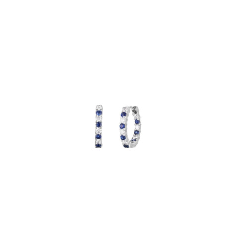 Perfect 18K White Gold Small Diamond & Sapphire Hoop Earrings