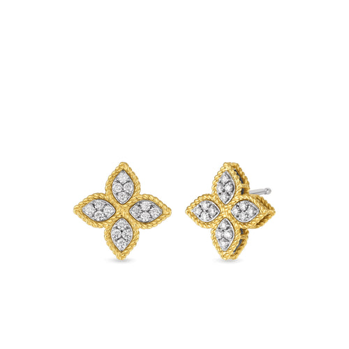 Roberto Coin Jewelry - Princess Flower 18K Yellow & White Gold Diamond Pavé Stud Earrings | Manfredi Jewels