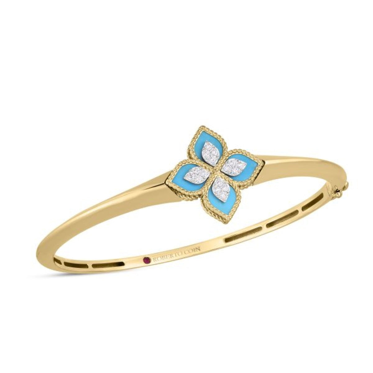 Roberto Coin Jewelry - Princess Flowers 18K Yellow/White Gold Diamond & Turquoise Knife Edge Bangle Bracelet | Manfredi Jewels