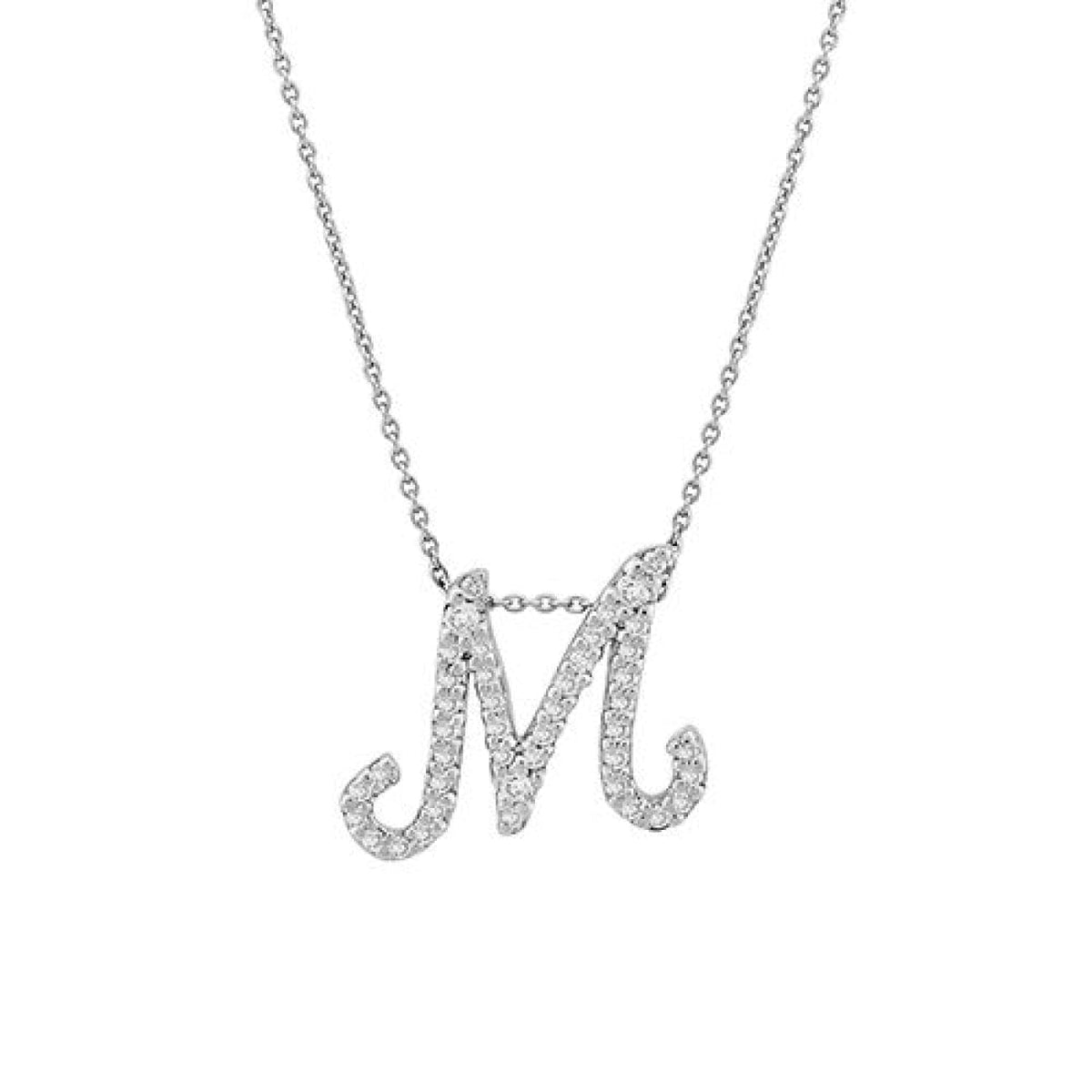 Roberto Coin Jewelry - Tiny Treasures 18K White Gold Diamond Pavé Cursive “M” Necklace | Manfredi Jewels