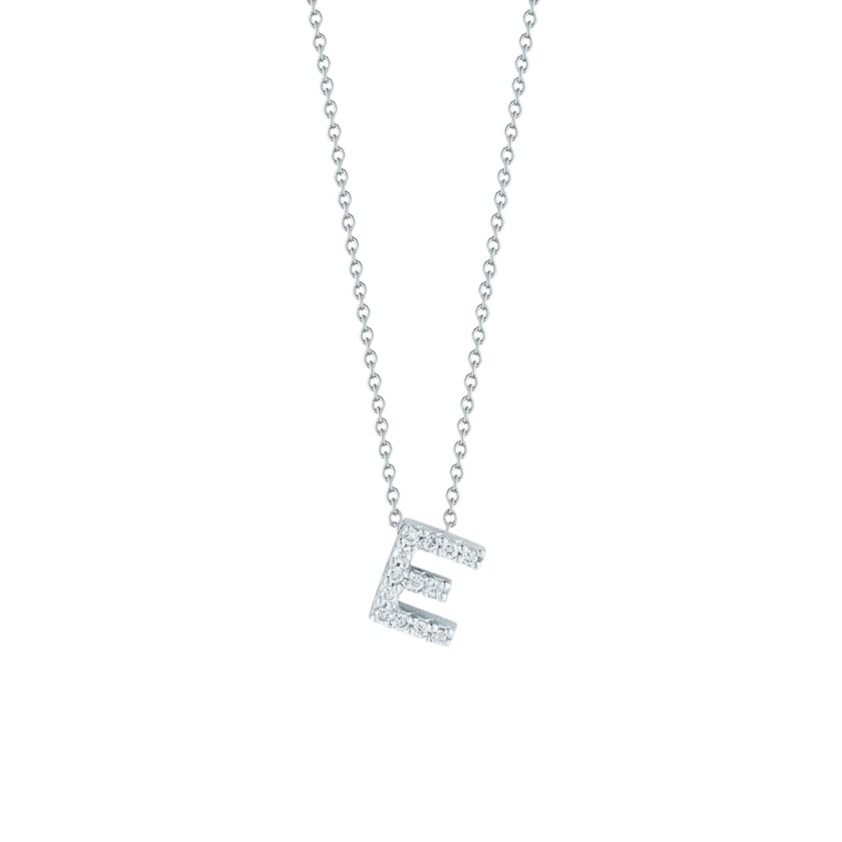 Roberto Coin Jewelry - Tiny Treasures 18K White Gold Diamond Pavé Love Letter “E” Necklace | Manfredi Jewels