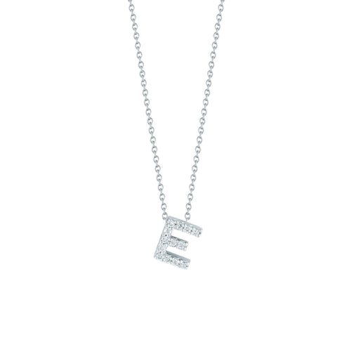 Roberto Coin Jewelry - Tiny Treasures 18K White Gold Diamond Love Letter “E” Necklace | Manfredi Jewels