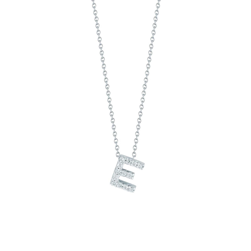 Roberto Coin Jewelry - Tiny Treasures 18K White Gold Diamond Love Letter “E” Necklace | Manfredi Jewels