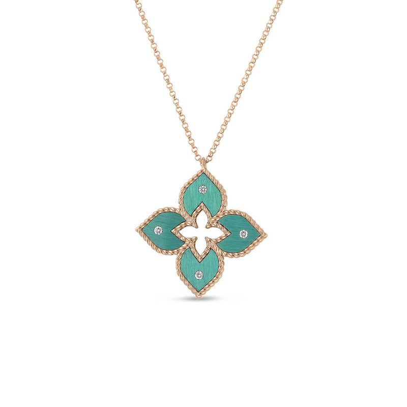 Roberto Coin Jewelry - Venetian Princess 18K Rose Gold Diamond & Green Titanium Small Flower Necklace | Manfredi Jewels
