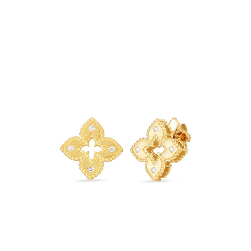 Roberto Coin Jewelry - Venetian Princess 18K Yellow Gold Satin Finish Diamond Accent Flower Extra Small Stud Earrings | Manfredi Jewels