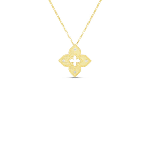 Roberto Coin Jewelry - Venetian Princess 18K Yellow Gold Satin Petite Flower Diamond Accent Pendant Necklace | Manfredi Jewels
