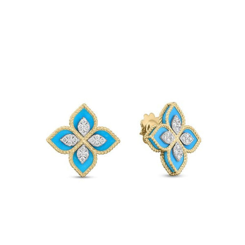 Roberto Coin Jewelry - Venetian Princess 18K Yellow/White Gold Diamond & Turquoise Flower Earrings | Manfredi Jewels