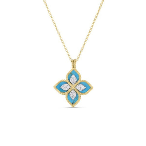 Roberto Coin Jewelry - Venetian Princess 18K Yellow/White Gold Diamond & Turquoise Flower Necklace | Manfredi Jewels