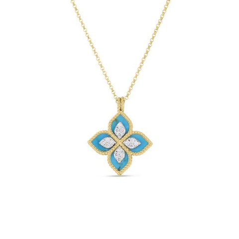 Venetian Princess 18K Yellow/White Gold Diamond & Turquoise Flower Necklace