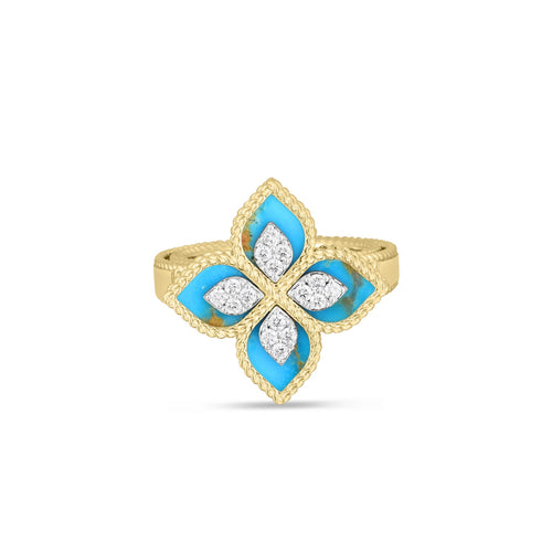 Roberto Coin Jewelry - Venetian Princess 18K Yellow/White Gold Diamond & Turquoise Flower Ring | Manfredi Jewels