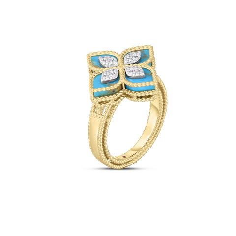 Venetian Princess 18K Yellow/White Gold Diamond & Turquoise Flower Ring