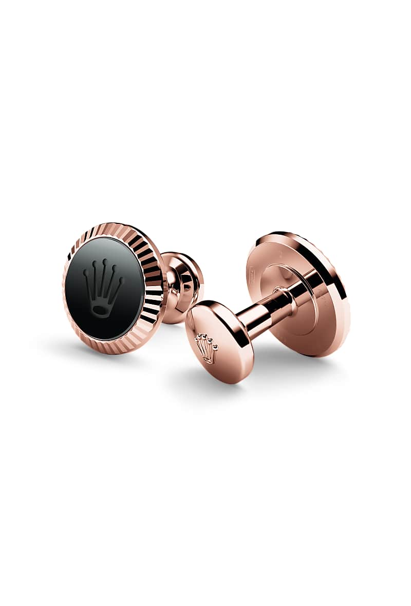 Rolex ‘Fluted’ cufflinks in Everose gold and ceramic, A1035 at Razny Jewelers
