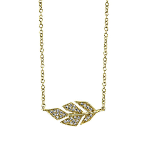 Shy Creation Jewelry - 0.08Ct Diamond Pave Leaf 14K Yellow Gold Necklace | Manfredi Jewels