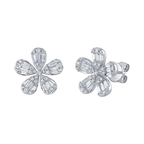 Shy Creation Jewelry - 1.00Ct Diamond Baguette Flower 14K White Gold Stud Earring | Manfredi Jewels