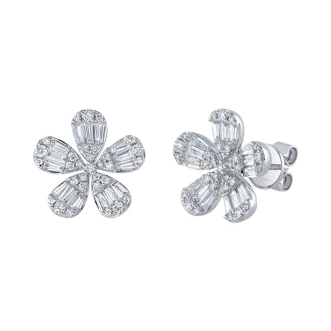 1.00Ct Diamond Baguette Flower 14K White Gold Stud Earring