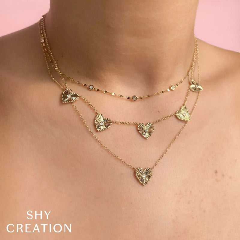 Shy Creation Jewelry - 14K Yellow Gold 0.02ct Diamond Bezel Ribbed Heart Necklace | Manfredi Jewels