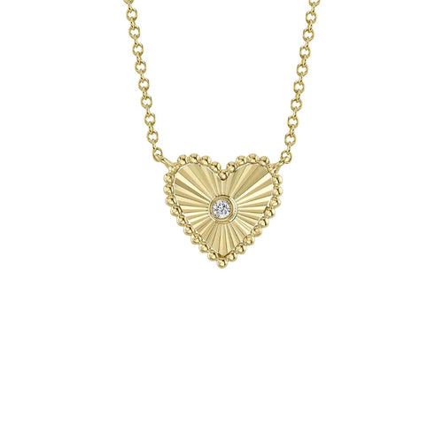 Shy Creation Jewelry - 14K Yellow Gold 0.02ct Diamond Bezel Ribbed Heart Necklace | Manfredi Jewels
