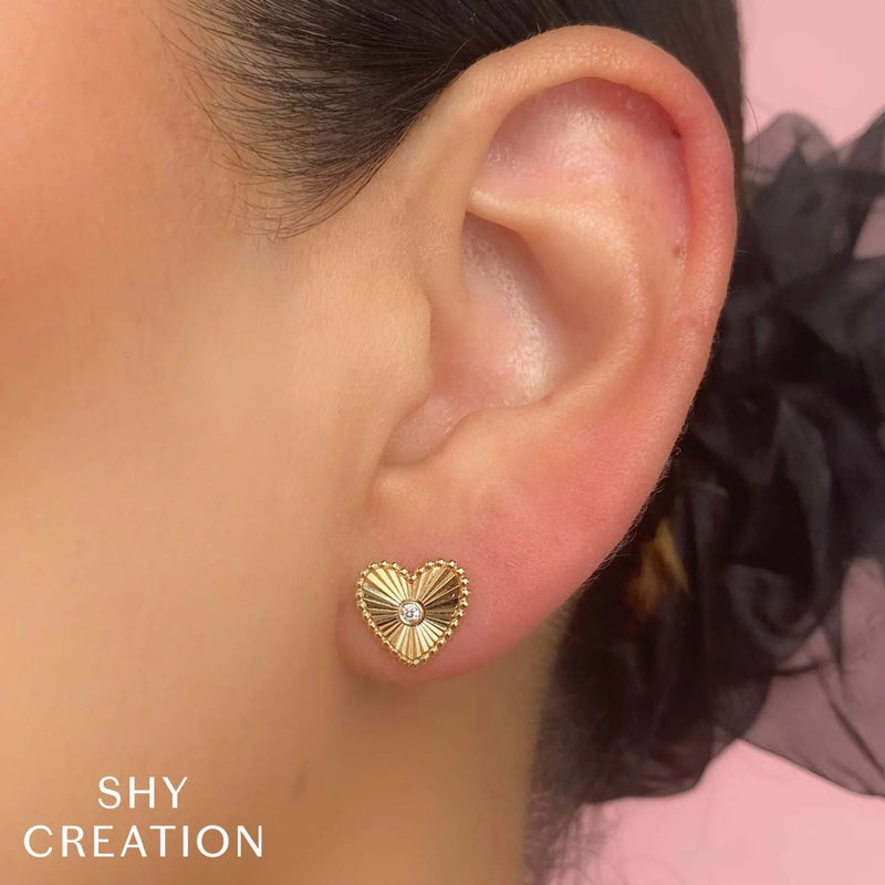Shy Creation Jewelry - 14K Yellow Gold 0.04ct Diamond Bezel Heart Stud Earring | Manfredi Jewels