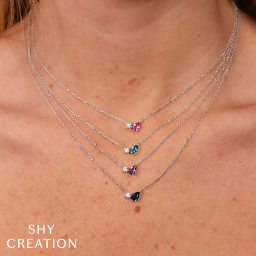 Shy Creation Jewelry - 14K Yellow Gold 0.11ct Diamond & 0.45ct Pink Sapphire Pear Necklace | Manfredi Jewels