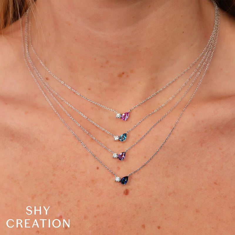 Shy Creation Jewelry - 14K Yellow Gold 0.11ct Diamond & 0.45ct Pink Sapphire Pear Necklace | Manfredi Jewels