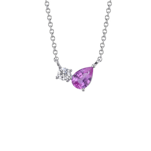 Shy Creation Jewelry - 14K Yellow Gold 0.11ct Diamond & 0.45ct Pink Sapphire Pear Necklace | Manfredi Jewels