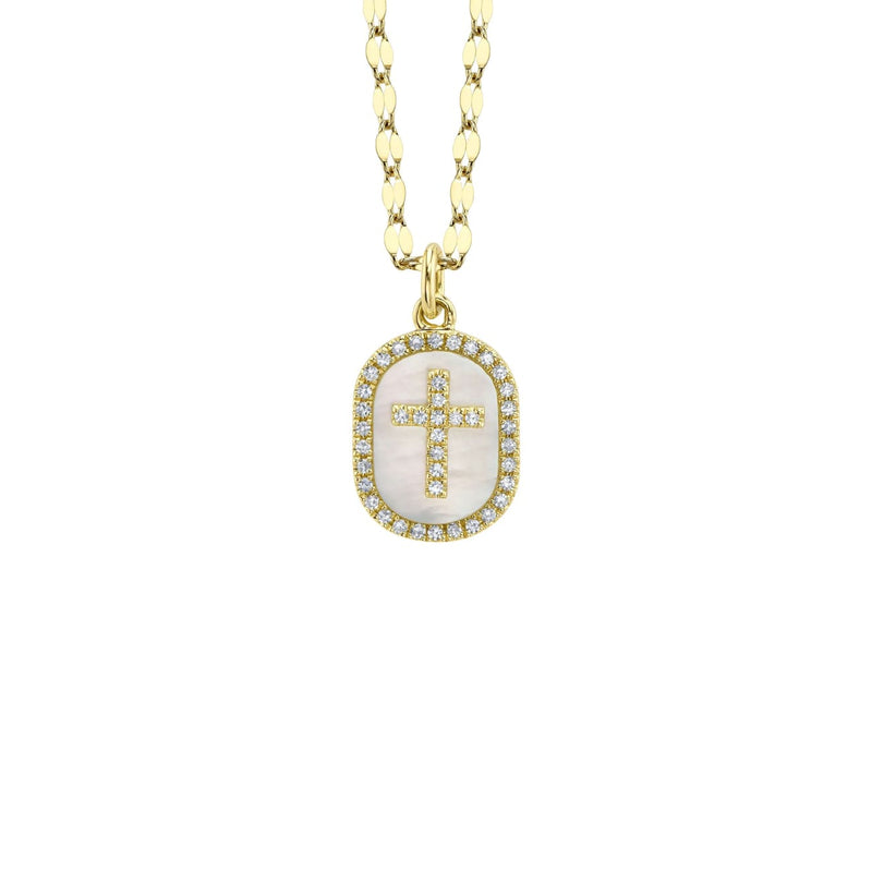 Shy Creation Jewelry - 14K Yellow Gold 0.11ct Diamond & 0.95ct Mother of Pearl Oval Cross Sparkle Chain Necklace | Manfredi Jewels