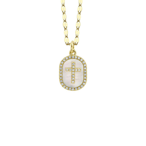 14K Yellow Gold 0.11ct Diamond & 0.95ct Mother of Pearl Oval Cross Sparkle Chain Necklace