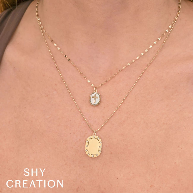 Shy Creation Jewelry - 14K Yellow Gold 0.11ct Diamond & 0.95ct Mother of Pearl Oval Cross Sparkle Chain Necklace | Manfredi Jewels